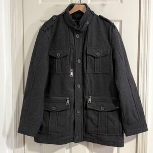 INC International Concepts Military Field Jacket Men XXL Gray Wool Cargo Pockets